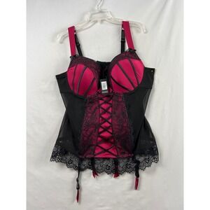 Lovehoney Push-Up Basque Set Women 5X/6X Pink Black Lace Garter Corset LH-74468